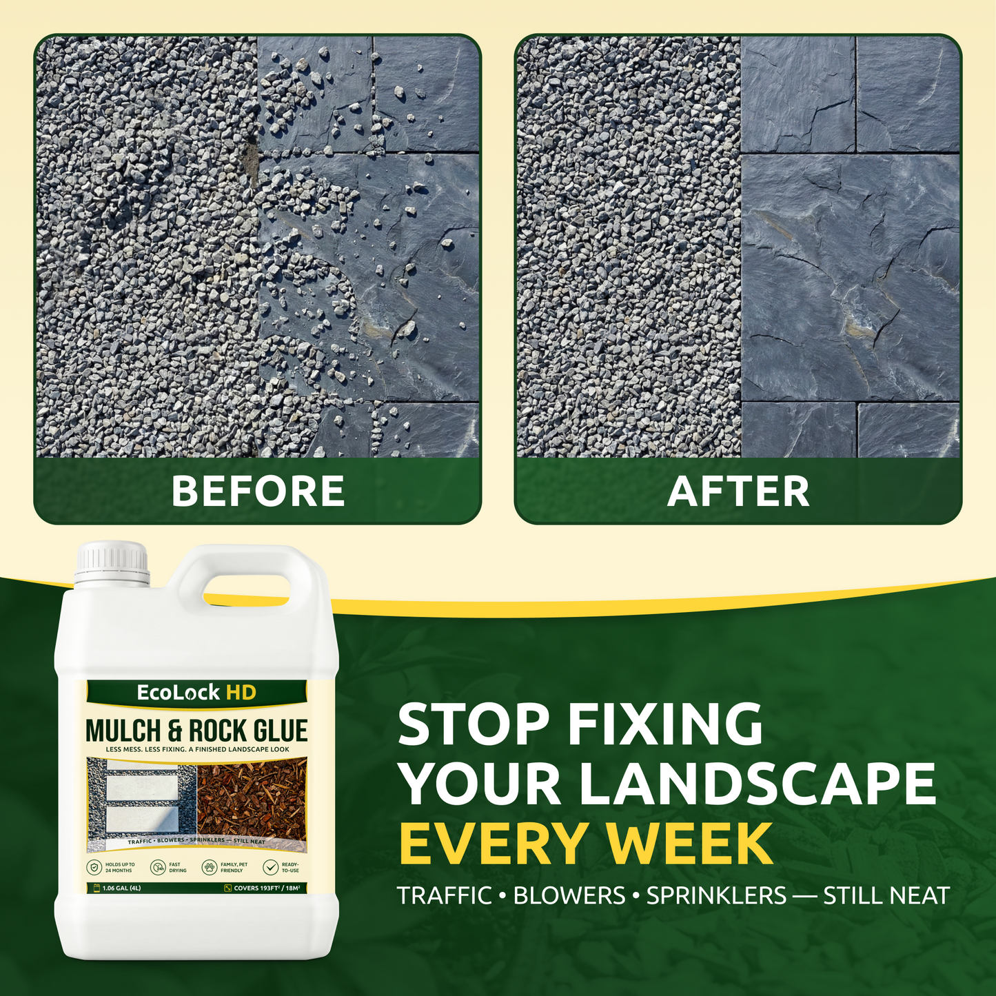 EcoLock HD landscape adhesive product label showing key features