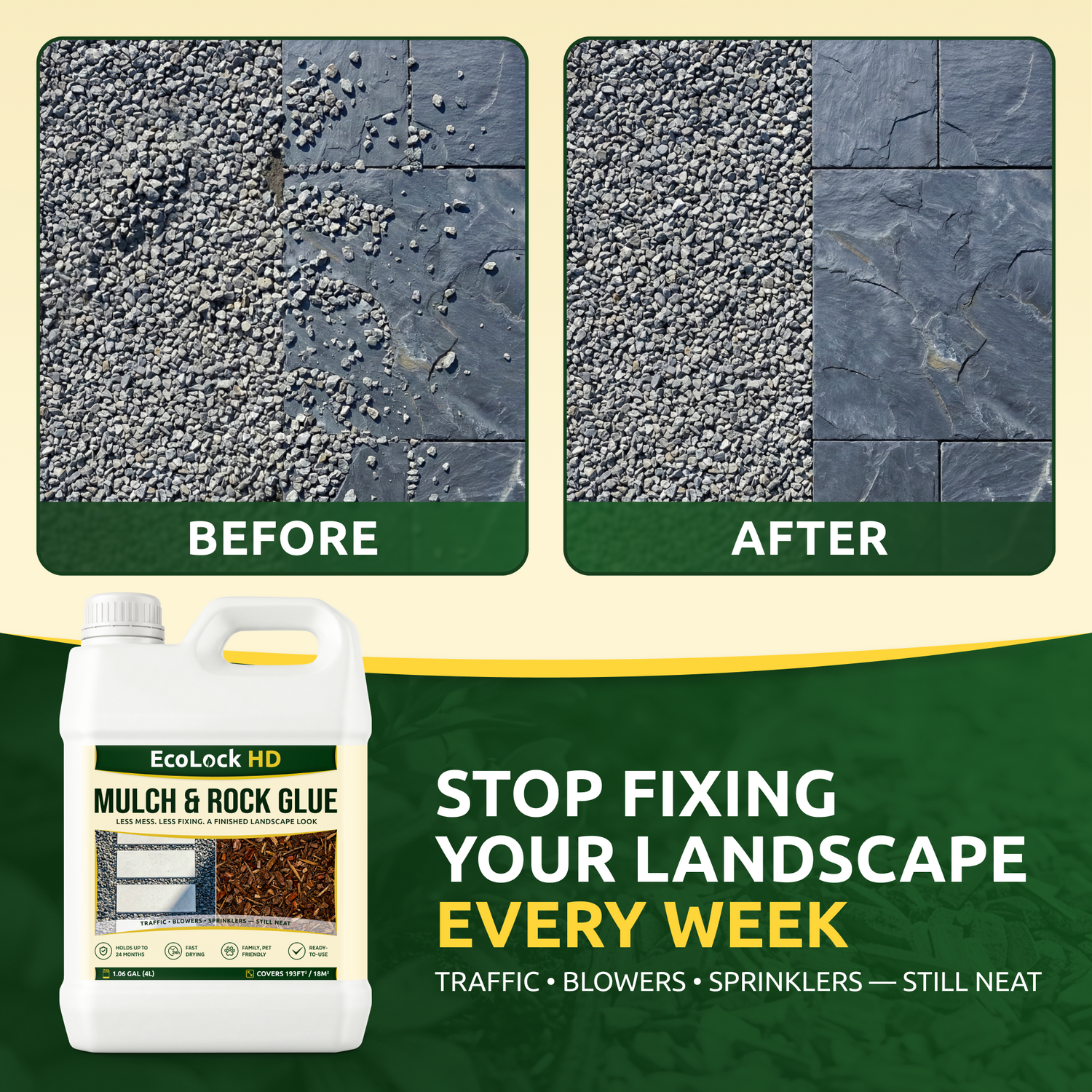 EcoLock HD landscape adhesive product label showing key features