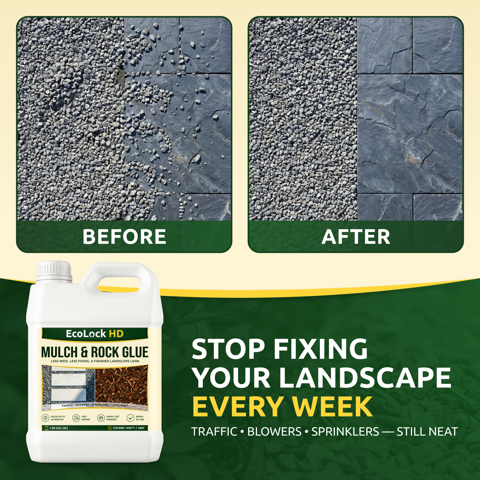 EcoLock HD landscape adhesive product label showing key features