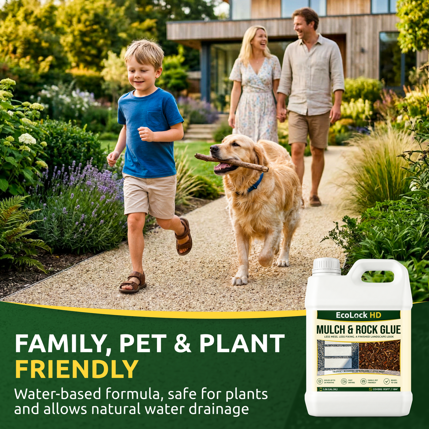EcoLock HD mulch glue keeps mulch beds neat and in place